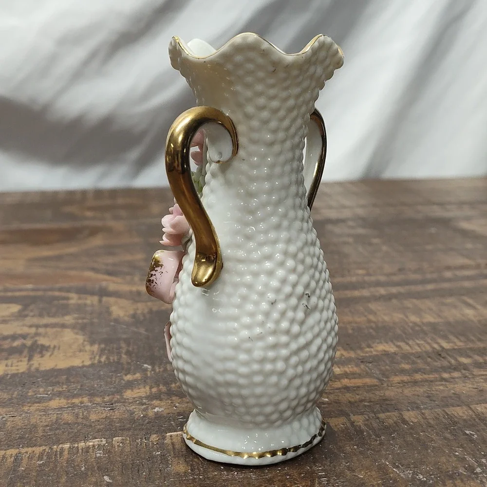 Vintage Miniature Hobnail Vase White Porcelain w/ Handles Pastel Pink blue gold